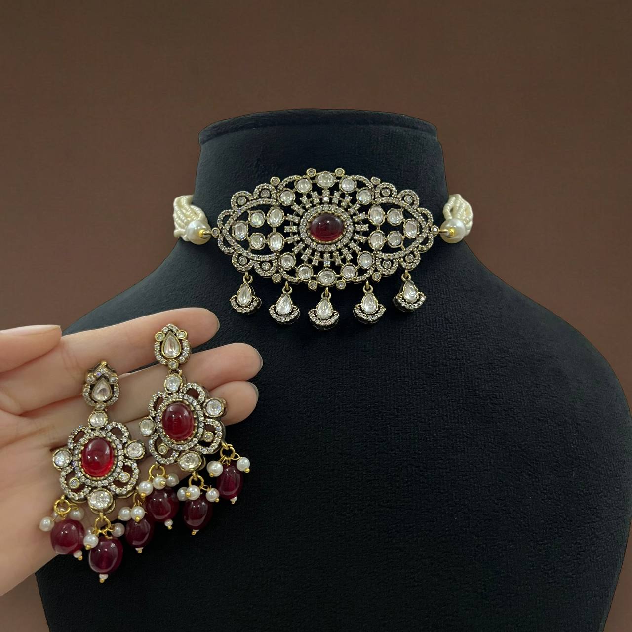 Kundan Choker Necklace Set with Pearl Drops & Earrings Bridal Jewelry Set Pakistani Necklace Set  Polki Necklace