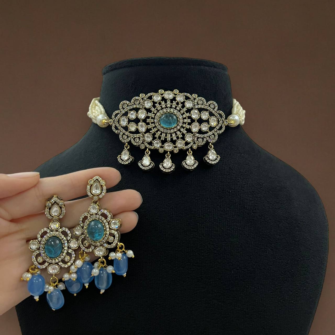 Kundan Choker Necklace Set with Pearl Drops & Earrings Bridal Jewelry Set Pakistani Necklace Set  Polki Necklace