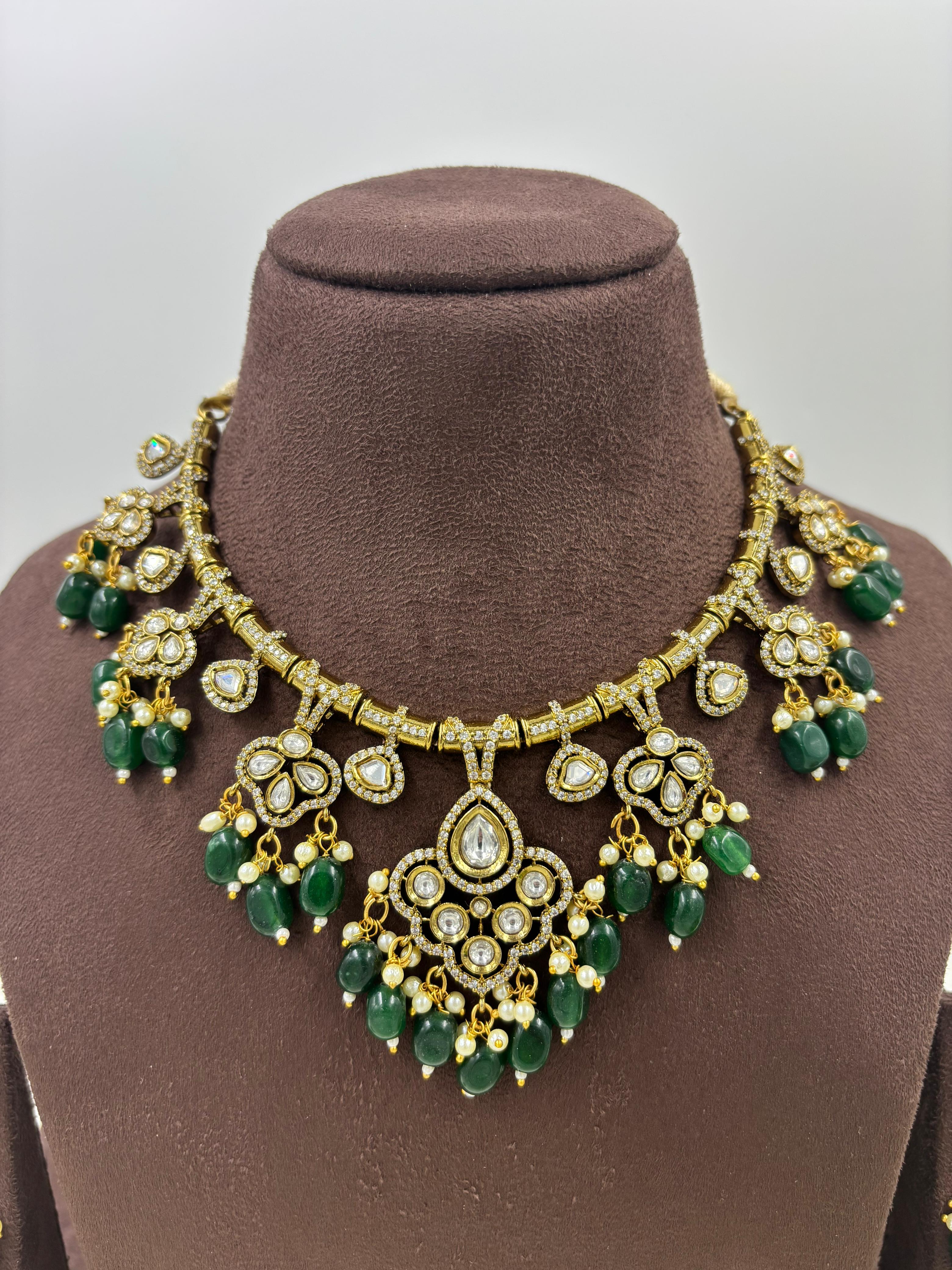 Traditional Kundan Green Beads Bridal Necklace Set with Matching Earrings | Indian Wedding Jewelry
