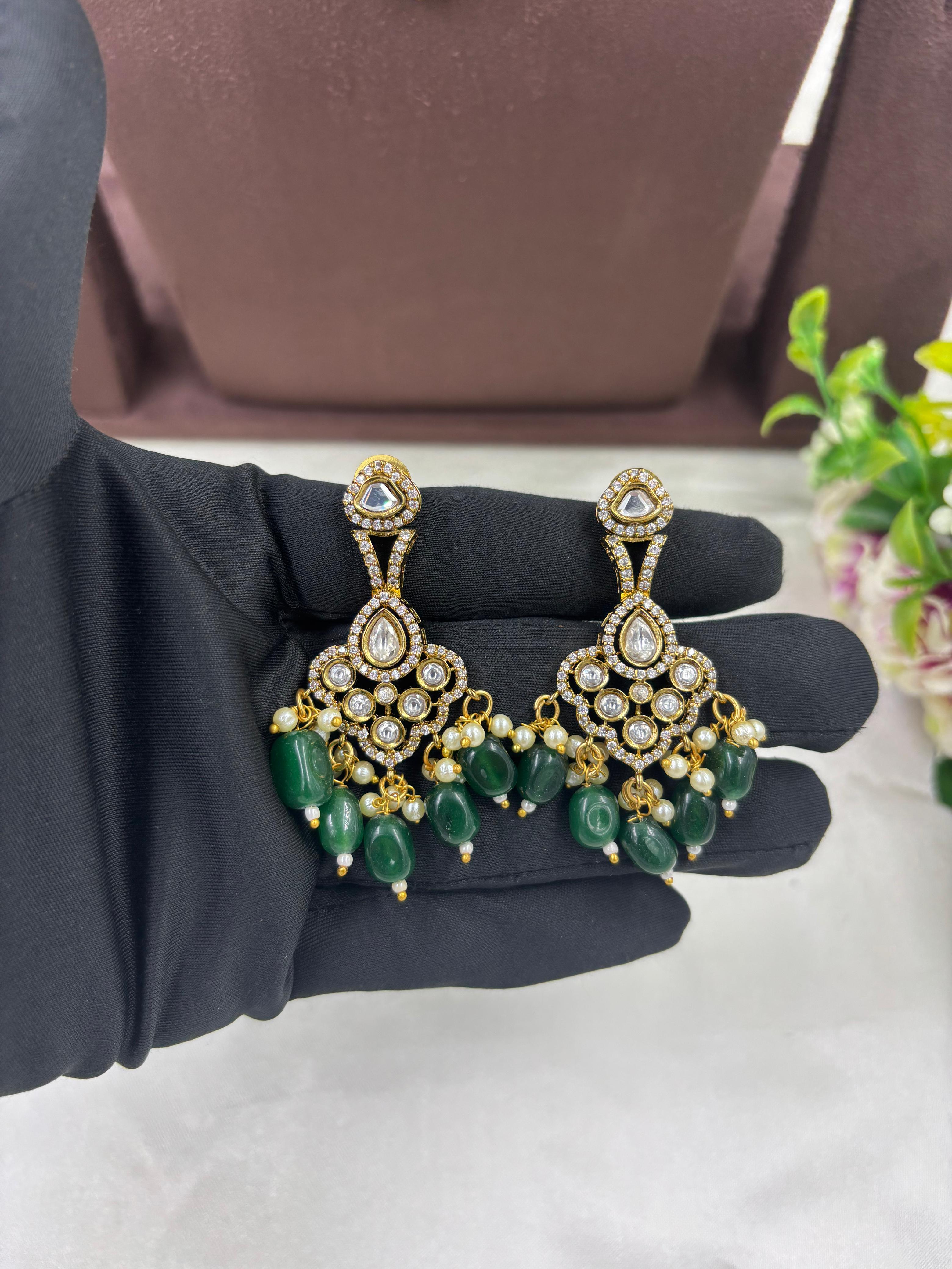 Traditional Kundan Green Beads Bridal Necklace Set with Matching Earrings | Indian Wedding Jewelry