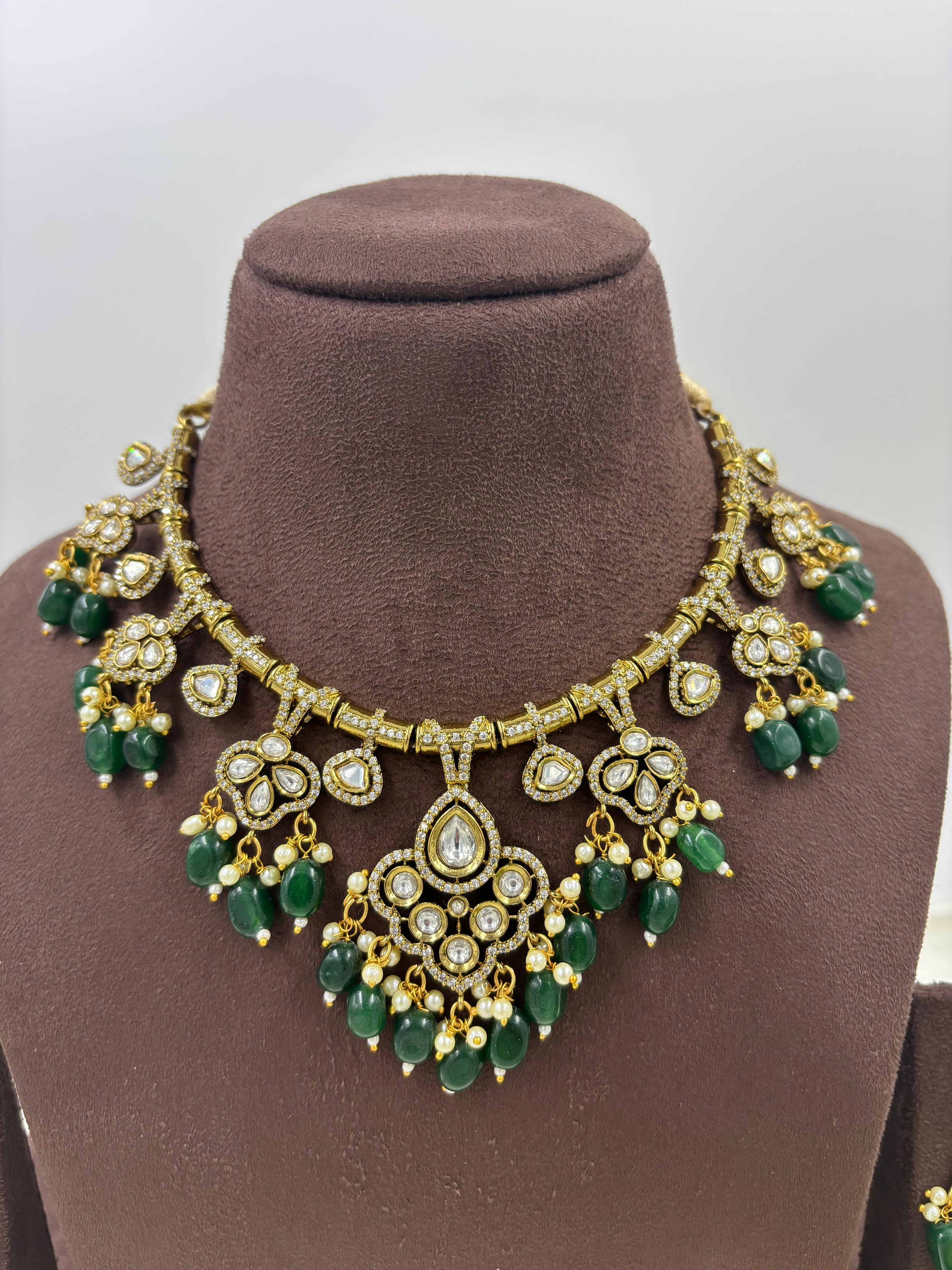 Traditional Kundan Green Beads Bridal Necklace Set with Matching Earrings | Indian Wedding Jewelry
