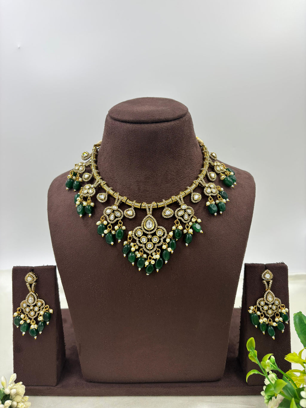 Traditional Kundan Green Beads Bridal Necklace Set with Matching Earrings | Indian Wedding Jewelry