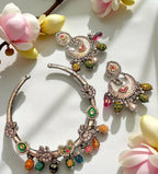 Handcrafted Oxidized Silver Necklace Set with Colorful Beads & Moon Motif Earrings