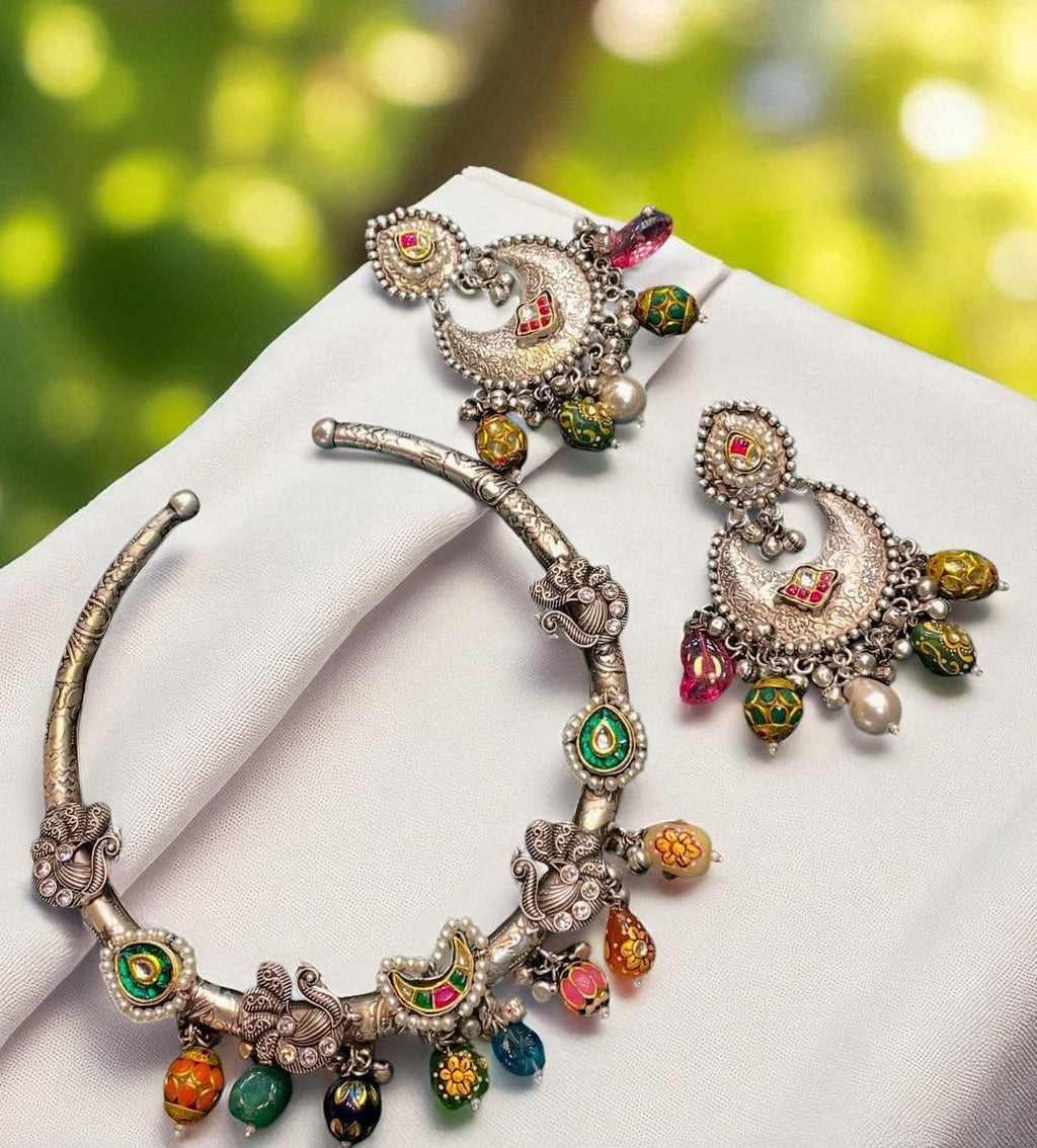 Handcrafted Oxidized Silver Necklace Set with Colorful Beads & Moon Motif Earrings