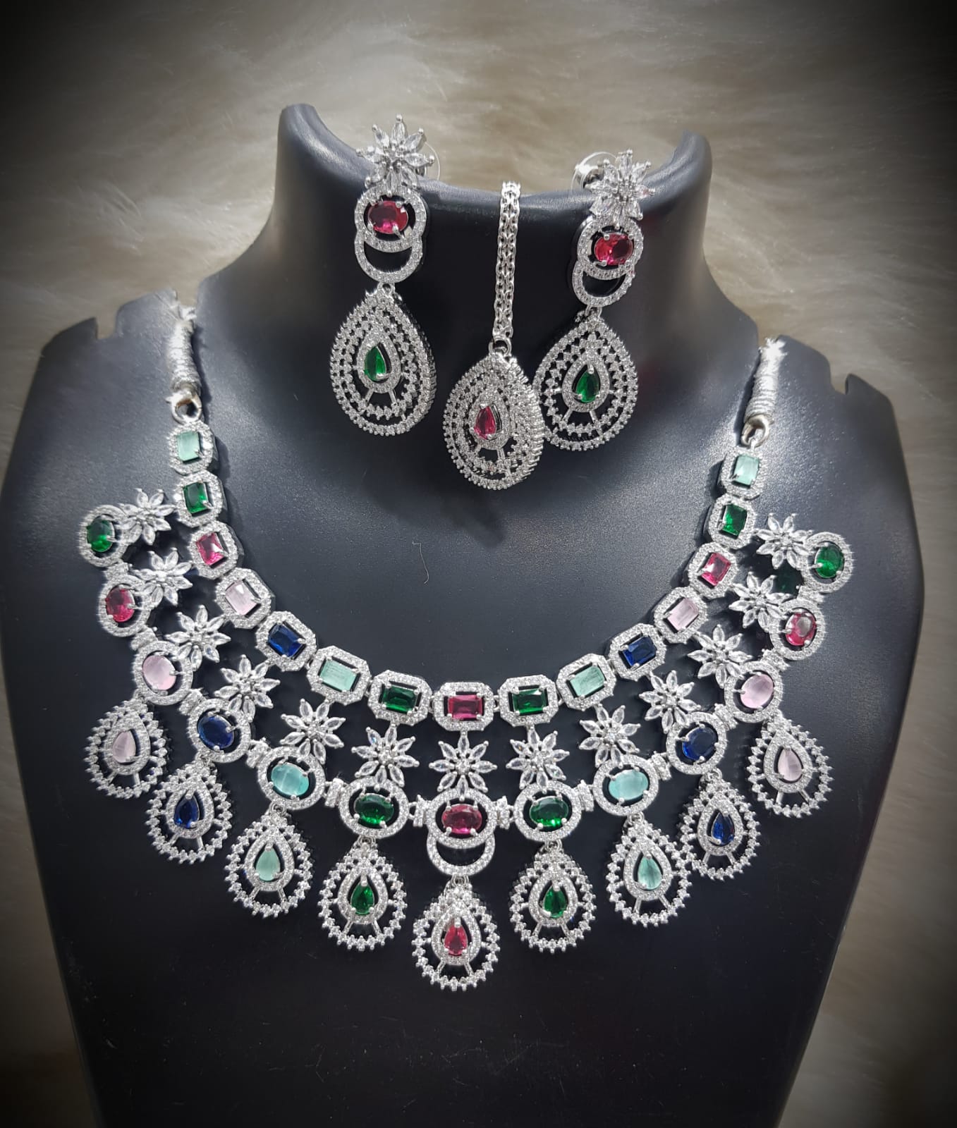 Silver-Plated Stone Necklace Set with Earrings & Maang Tikka | Indian Jewellery | Stone Jewellery | Indian Necklace Set