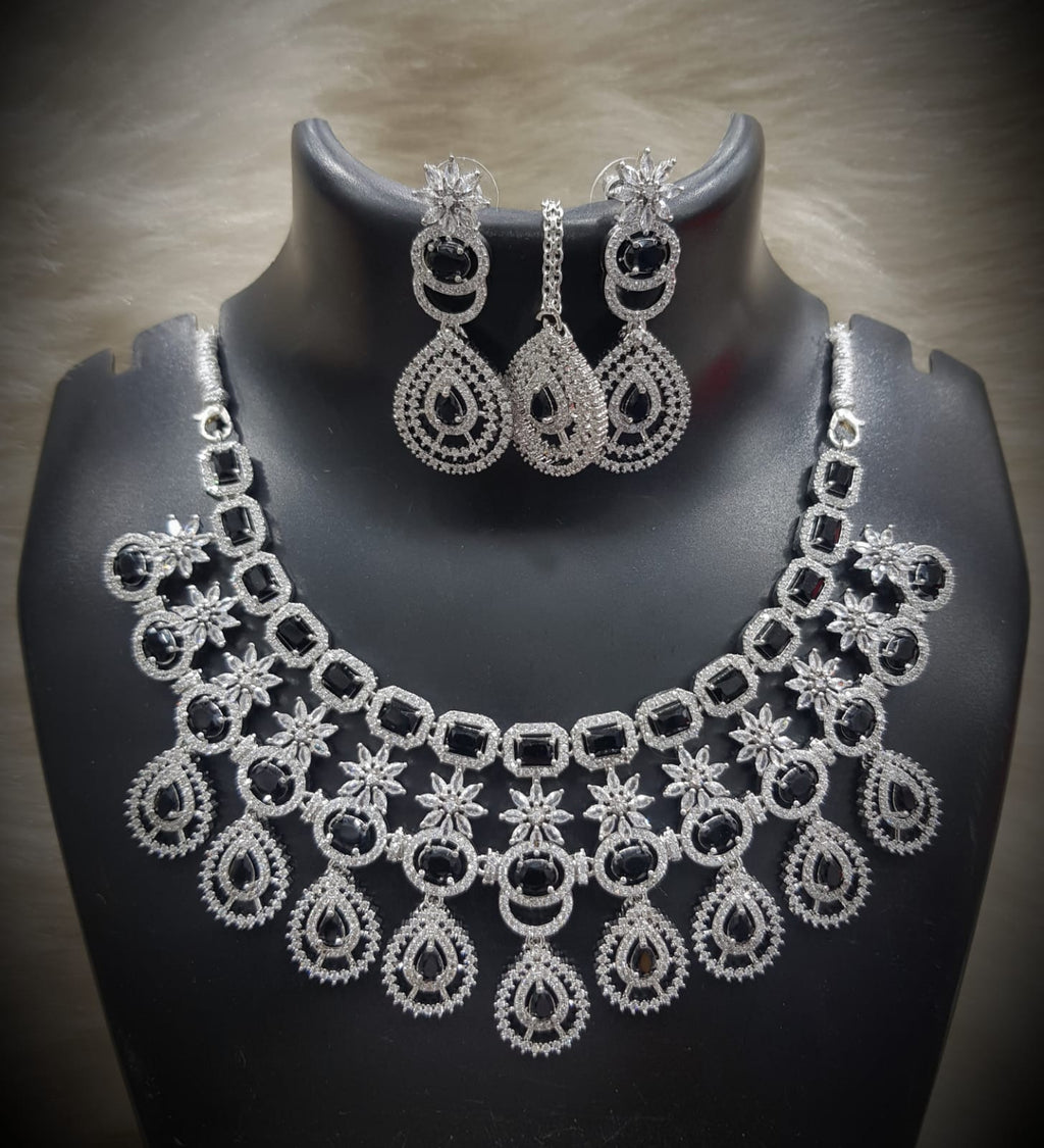 Silver-Plated Stone Necklace Set with Earrings & Maang Tikka | Indian Jewellery | Stone Jewellery | Indian Necklace Set