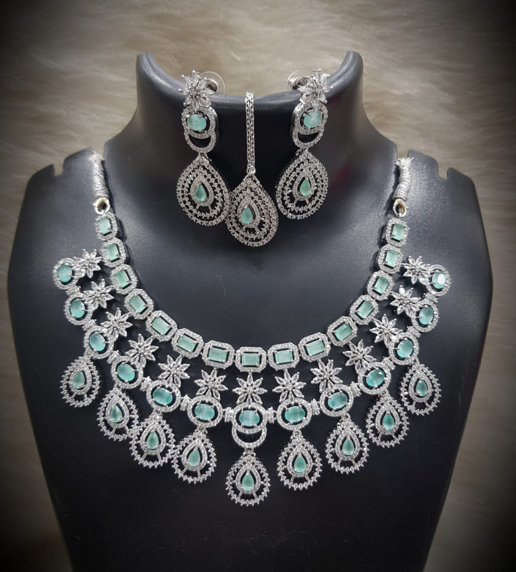 Silver-Plated Stone Necklace Set with Earrings & Maang Tikka | Indian Jewellery | Stone Jewellery | Indian Necklace Set