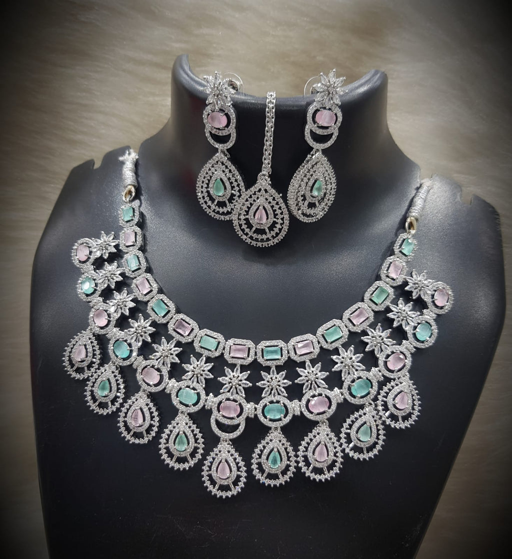 Silver-Plated Stone Necklace Set with Earrings & Maang Tikka | Indian Jewellery | Stone Jewellery | Indian Necklace Set