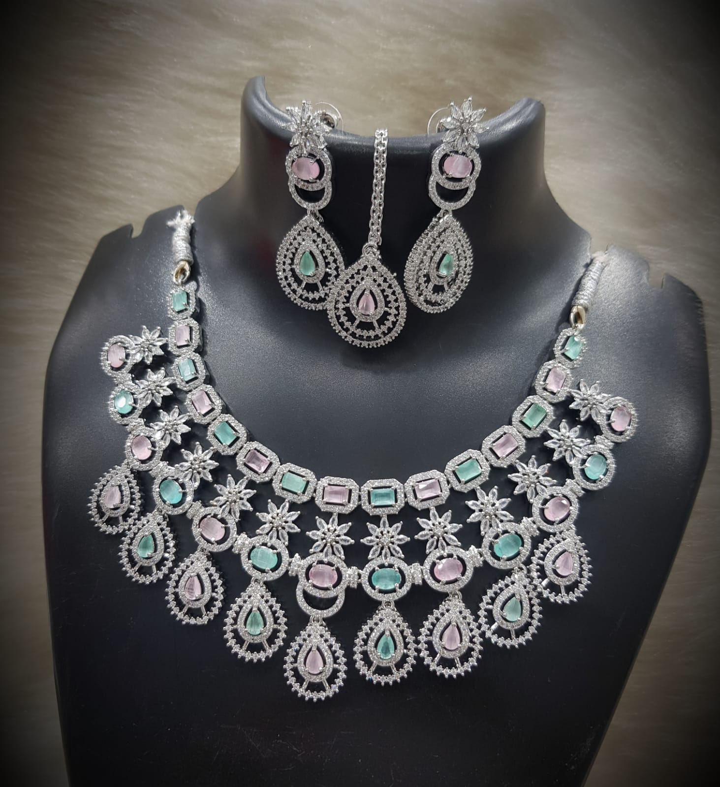 Silver-Plated Stone Necklace Set with Earrings & Maang Tikka | Indian Jewellery | Stone Jewellery | Indian Necklace Set