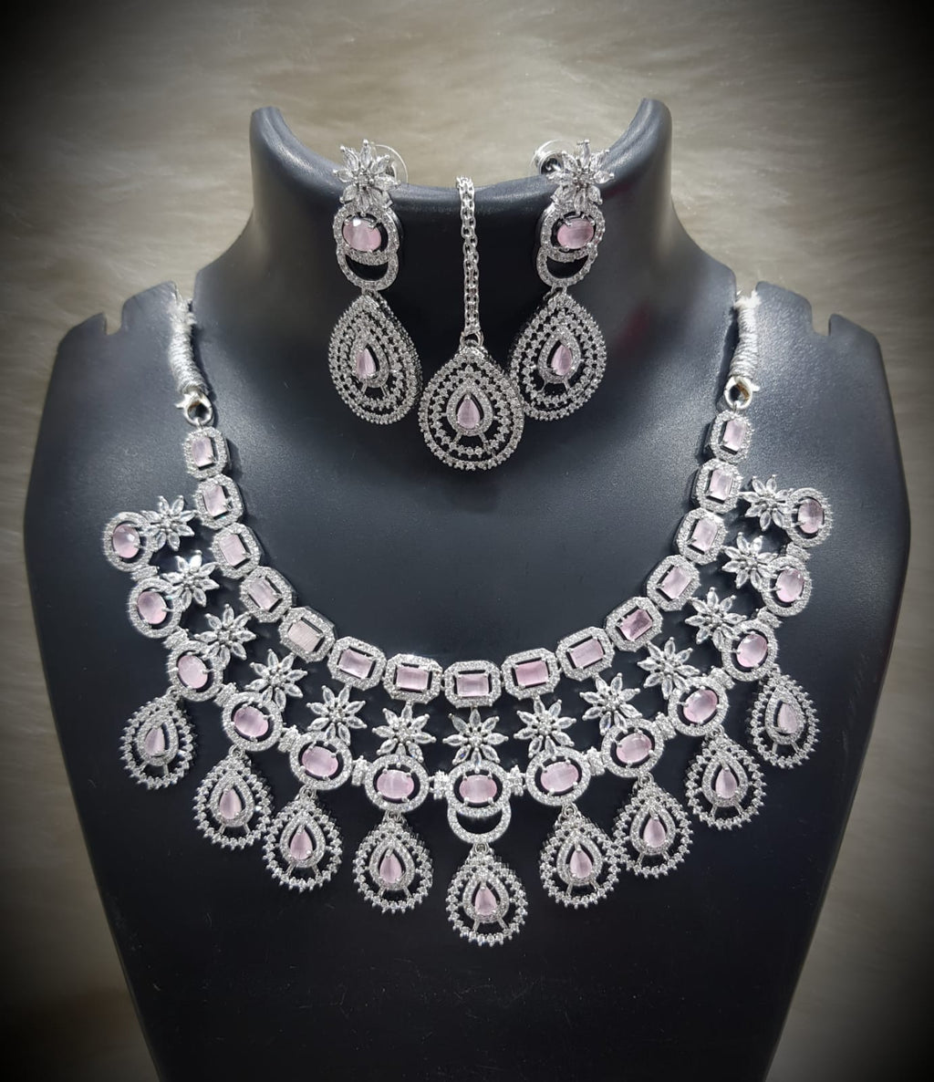 Silver-Plated Stone Necklace Set with Earrings & Maang Tikka | Indian Jewellery | Stone Jewellery | Indian Necklace Set