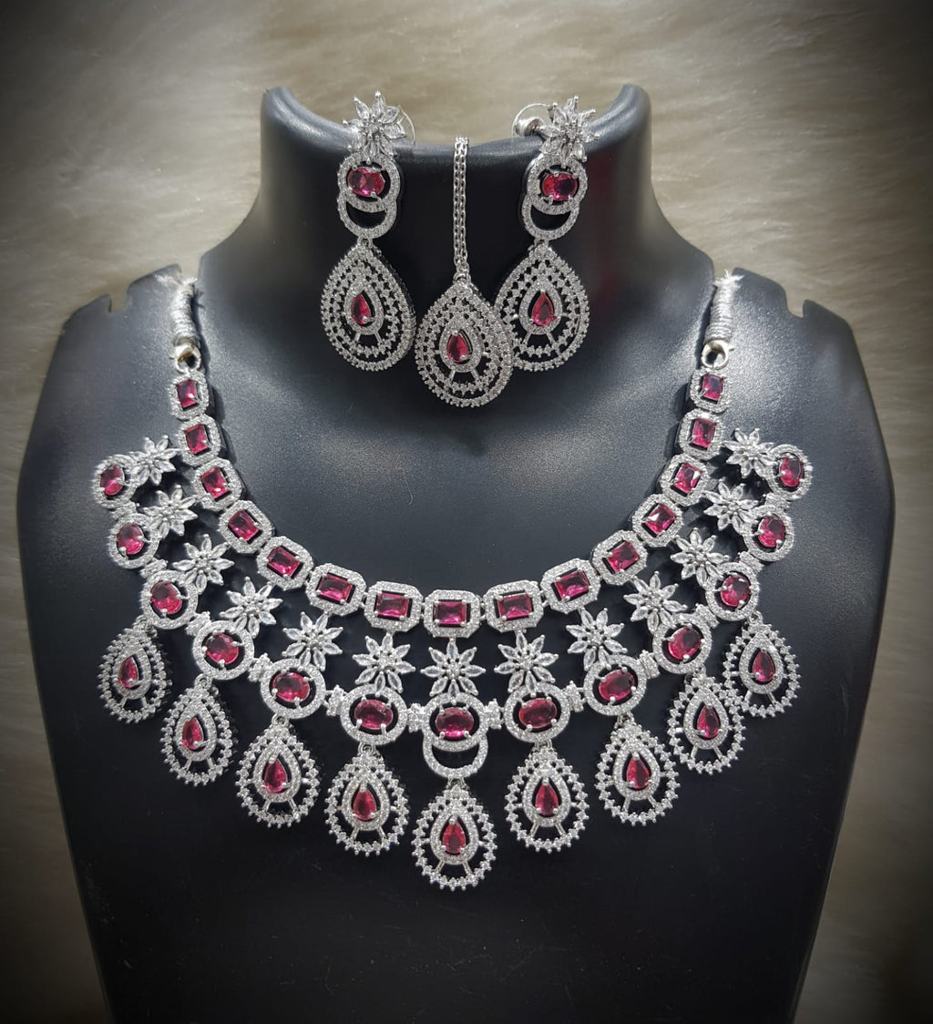 Silver-Plated Stone Necklace Set with Earrings & Maang Tikka | Indian Jewellery | Stone Jewellery | Indian Necklace Set