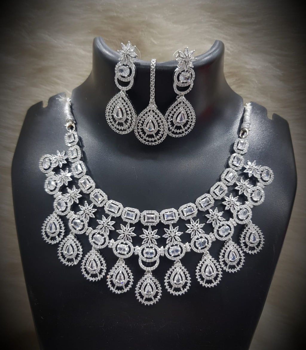 Silver-Plated Stone Necklace Set with Earrings & Maang Tikka | Indian Jewellery | Stone Jewellery | Indian Necklace Set