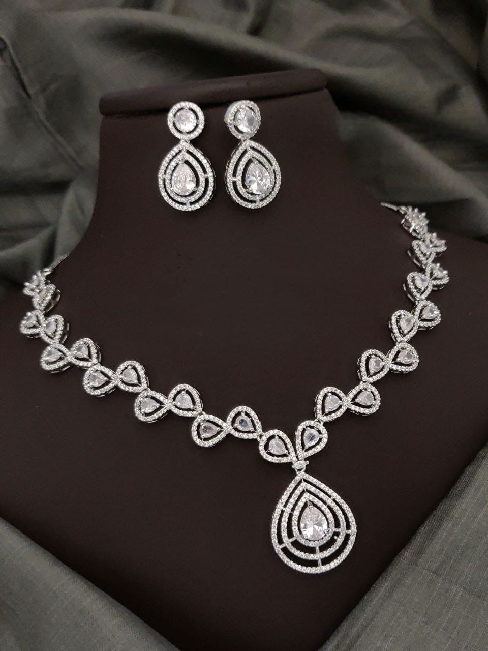 Silver-Plated Green Stone Necklace Set with Earrings | Indian Jewellery | Stone Jewellery | Indian Necklace Set
