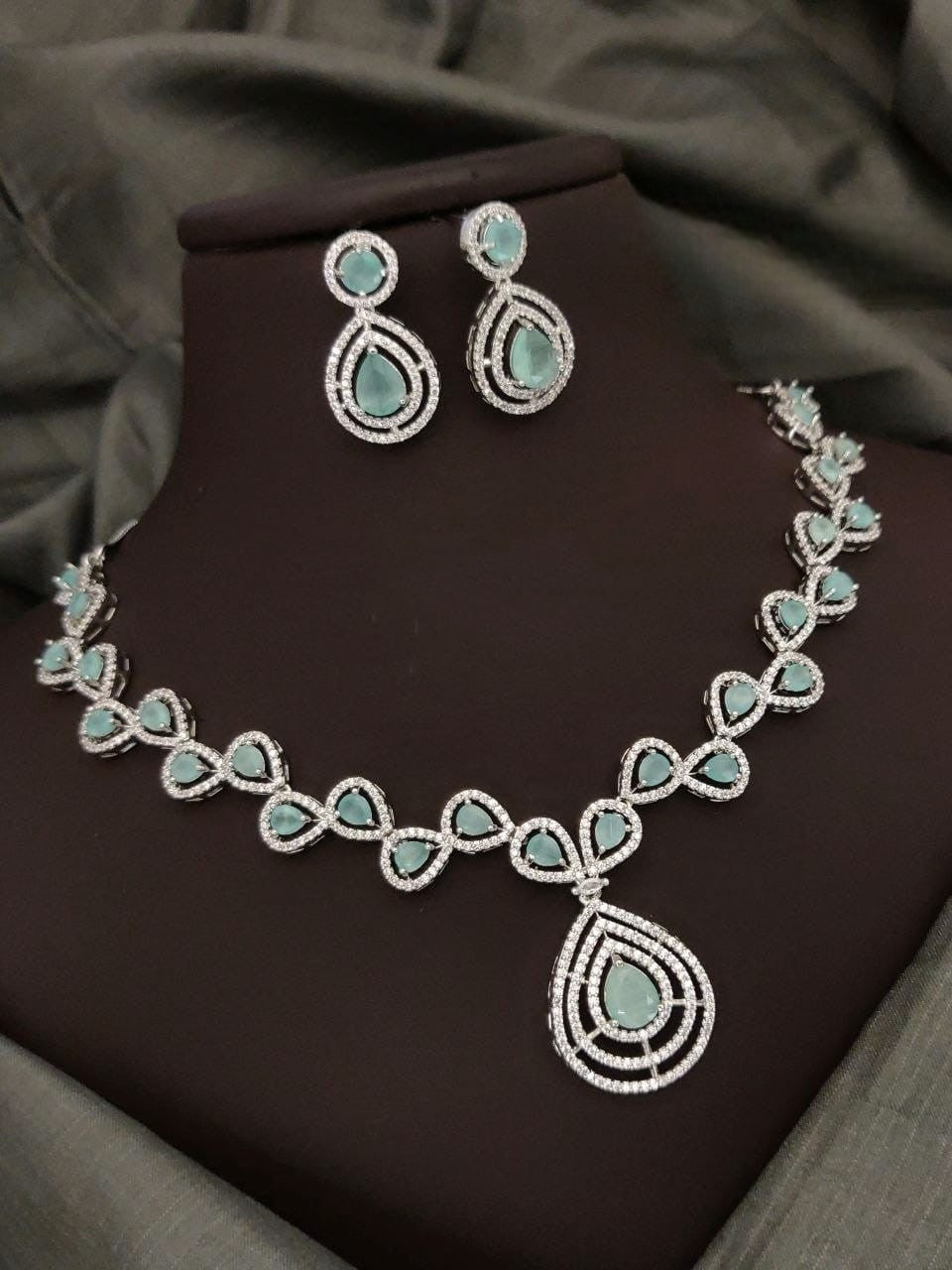 Silver-Plated Green Stone Necklace Set with Earrings | Indian Jewellery | Stone Jewellery | Indian Necklace Set