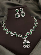 Silver-Plated Green Stone Necklace Set with Earrings | Indian Jewellery | Stone Jewellery | Indian Necklace Set