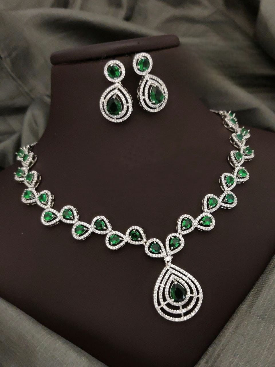 Silver-Plated Green Stone Necklace Set with Earrings | Indian Jewellery | Stone Jewellery | Indian Necklace Set