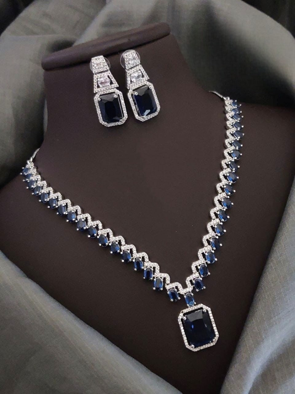 Silver-Plated Blue Stone Necklace Set with Earrings | Indian Jewellery | Stone Jewellery | Indian Necklace Set