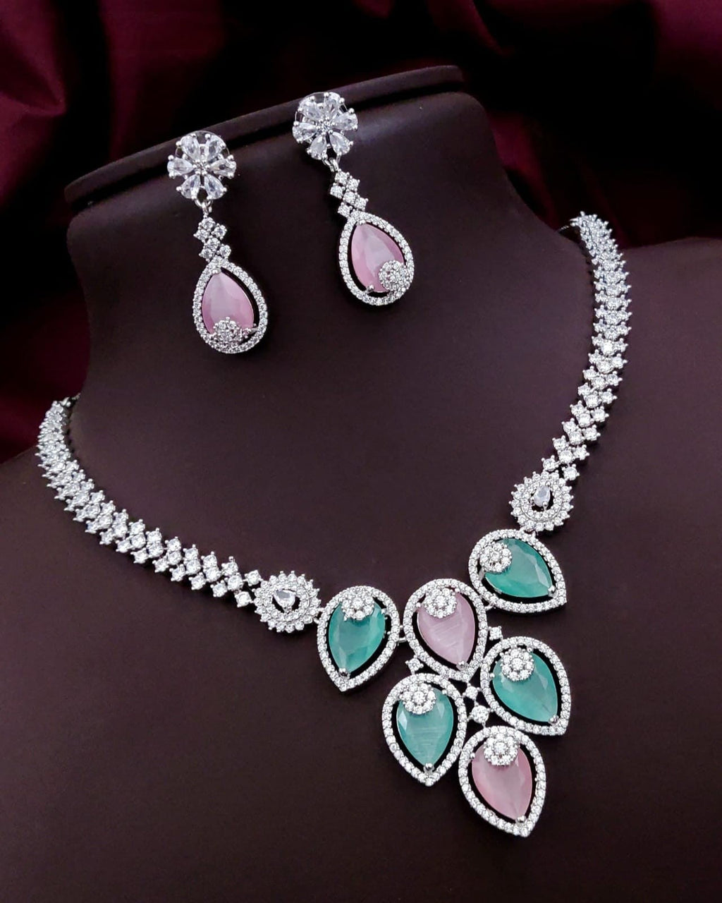 Silver-Plated Green Stone Necklace Set | Indian Jewellery | Stone Jewellery Indian Neckles Set With Matching Earring Set