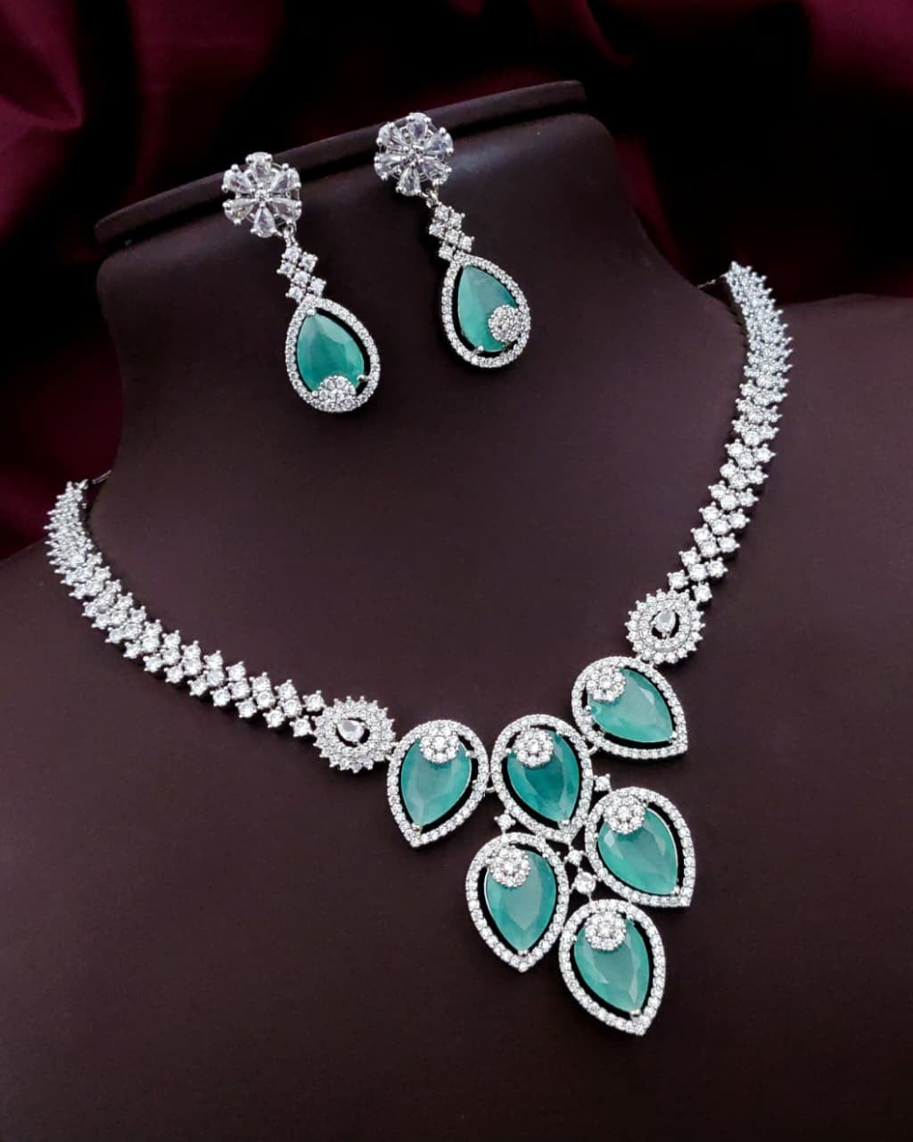 Silver-Plated Green Stone Necklace Set | Indian Jewellery | Stone Jewellery Indian Neckles Set With Matching Earring Set