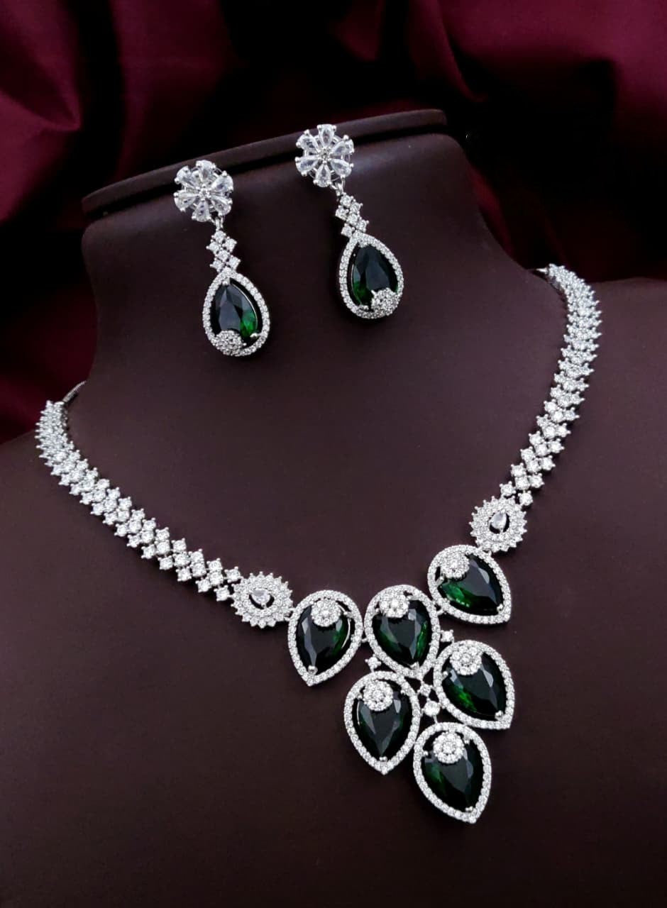 Silver-Plated Green Stone Necklace Set | Indian Jewellery | Stone Jewellery Indian Neckles Set With Matching Earring Set