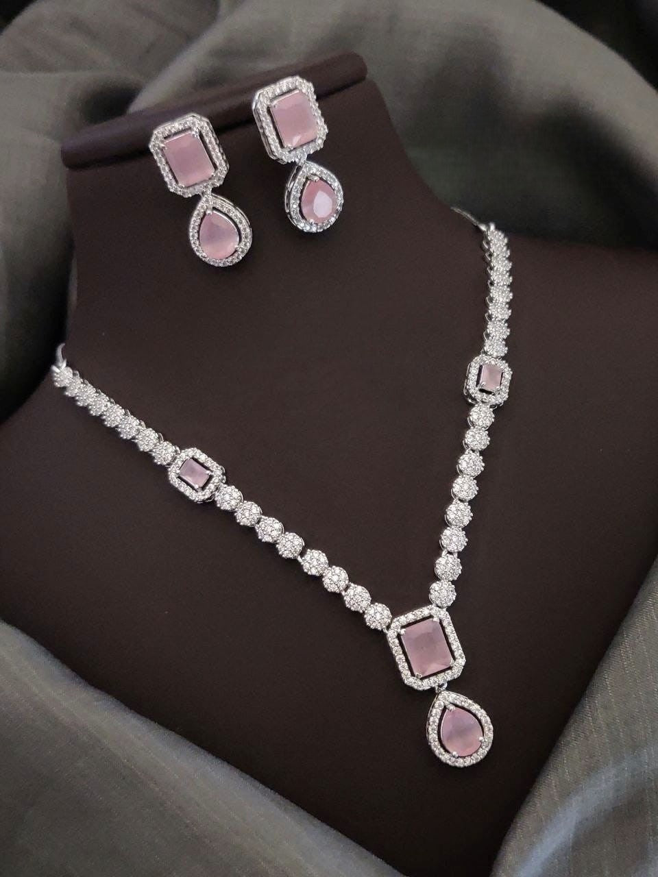 Silver-Plated Pink Stone Necklace Set | Indian Jewellery | Stone Jewellery Indian Neckles Set With Matching Earring Set