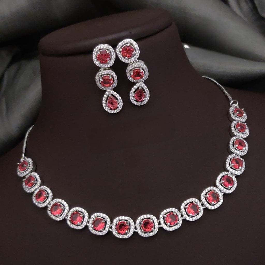 Silver-Plated Red Stone Necklace Set with Matching Earrings | Indian Jewellery | Stone Jewellery Indian Neckles Set