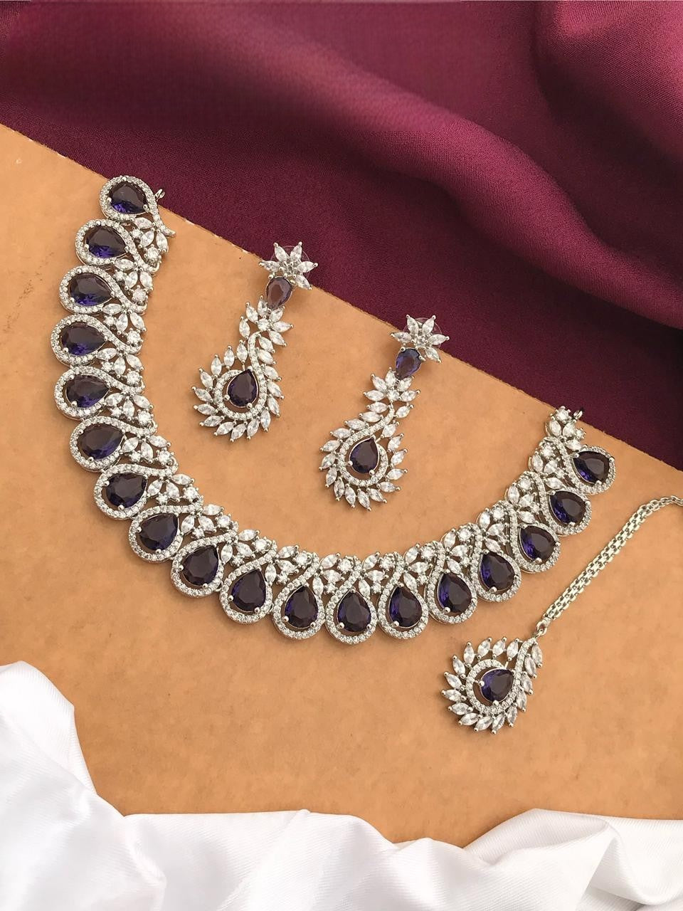 Silver-Plated Ruby Stone Necklace Set with Earrings & Maang Tikka | Indian Jewellery | Kundan Jewellery Indian Neckles Set