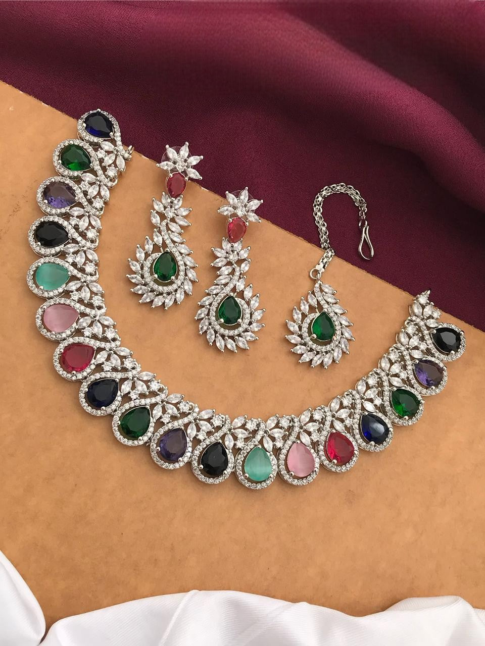 Silver-Plated Ruby Stone Necklace Set with Earrings & Maang Tikka | Indian Jewellery | Kundan Jewellery Indian Neckles Set