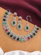 Silver-Plated Ruby Stone Necklace Set with Earrings & Maang Tikka | Indian Jewellery | Kundan Jewellery Indian Neckles Set