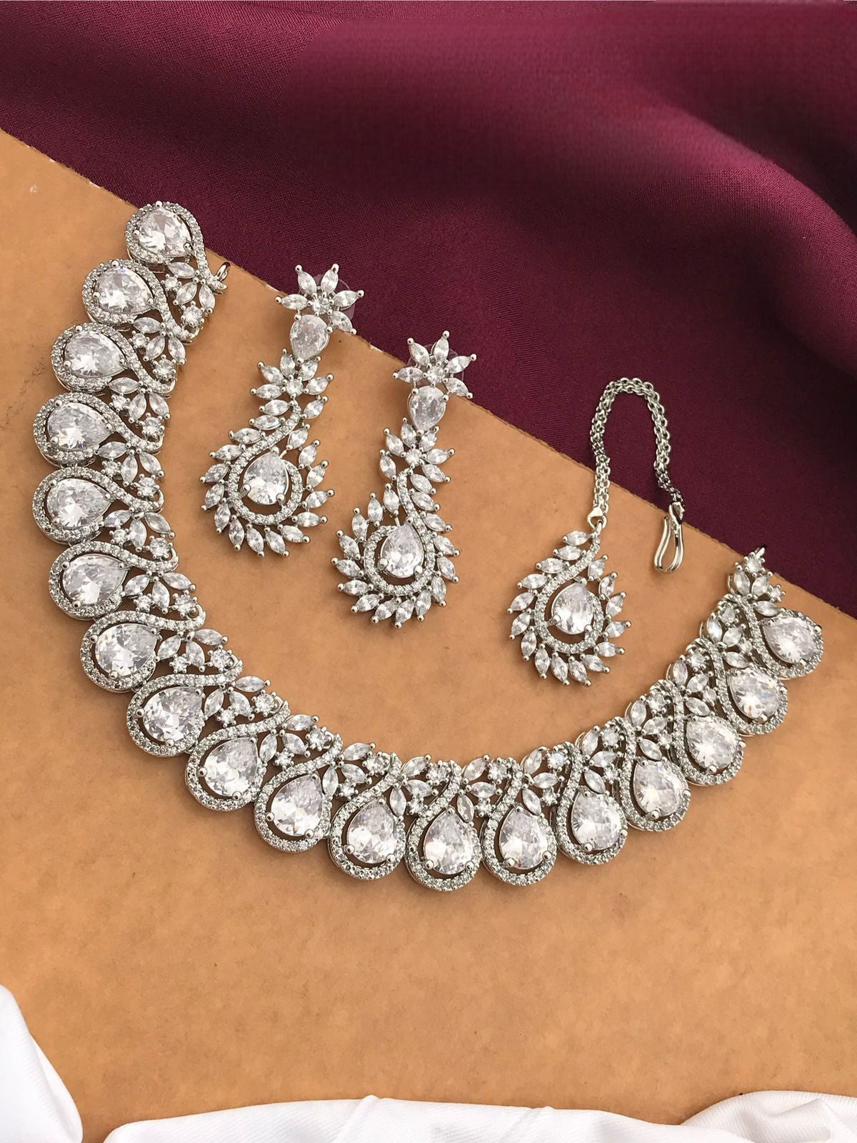 Silver-Plated Ruby Stone Necklace Set with Earrings & Maang Tikka | Indian Jewellery | Kundan Jewellery Indian Neckles Set