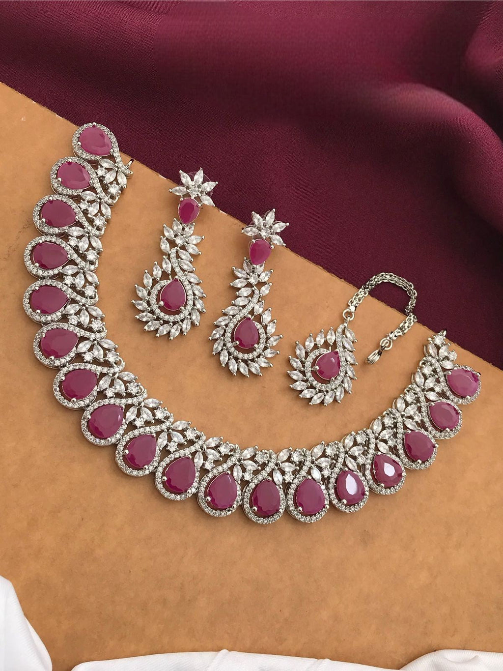 Silver-Plated Ruby Stone Necklace Set with Earrings & Maang Tikka | Indian Jewellery | Kundan Jewellery Indian Neckles Set