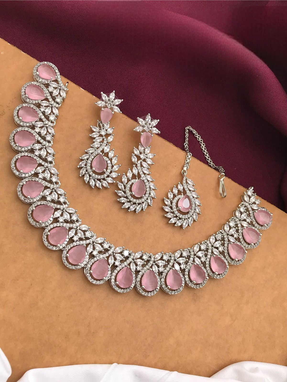 Silver-Plated Ruby Stone Necklace Set with Earrings & Maang Tikka | Indian Jewellery | Kundan Jewellery Indian Neckles Set