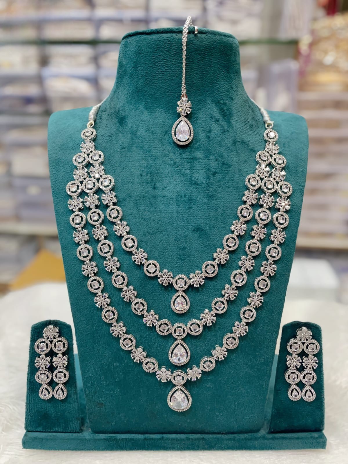 Silver-Plated White CZ Stone Bridal Necklace Set with Earrings & Maang Tikka | Indian Jewellery | Kundan Jewellery Indian Neckles Set Wedding Jewelry