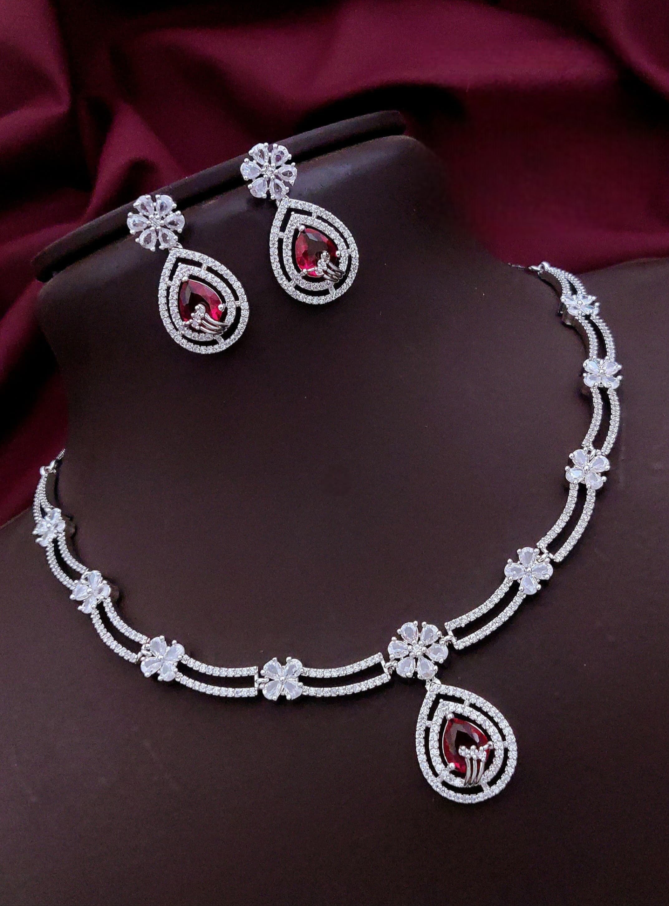 Silver-Plated Pink Stone Necklace with Matching Earrings | Indian Jewellery | Indian Neckles Set