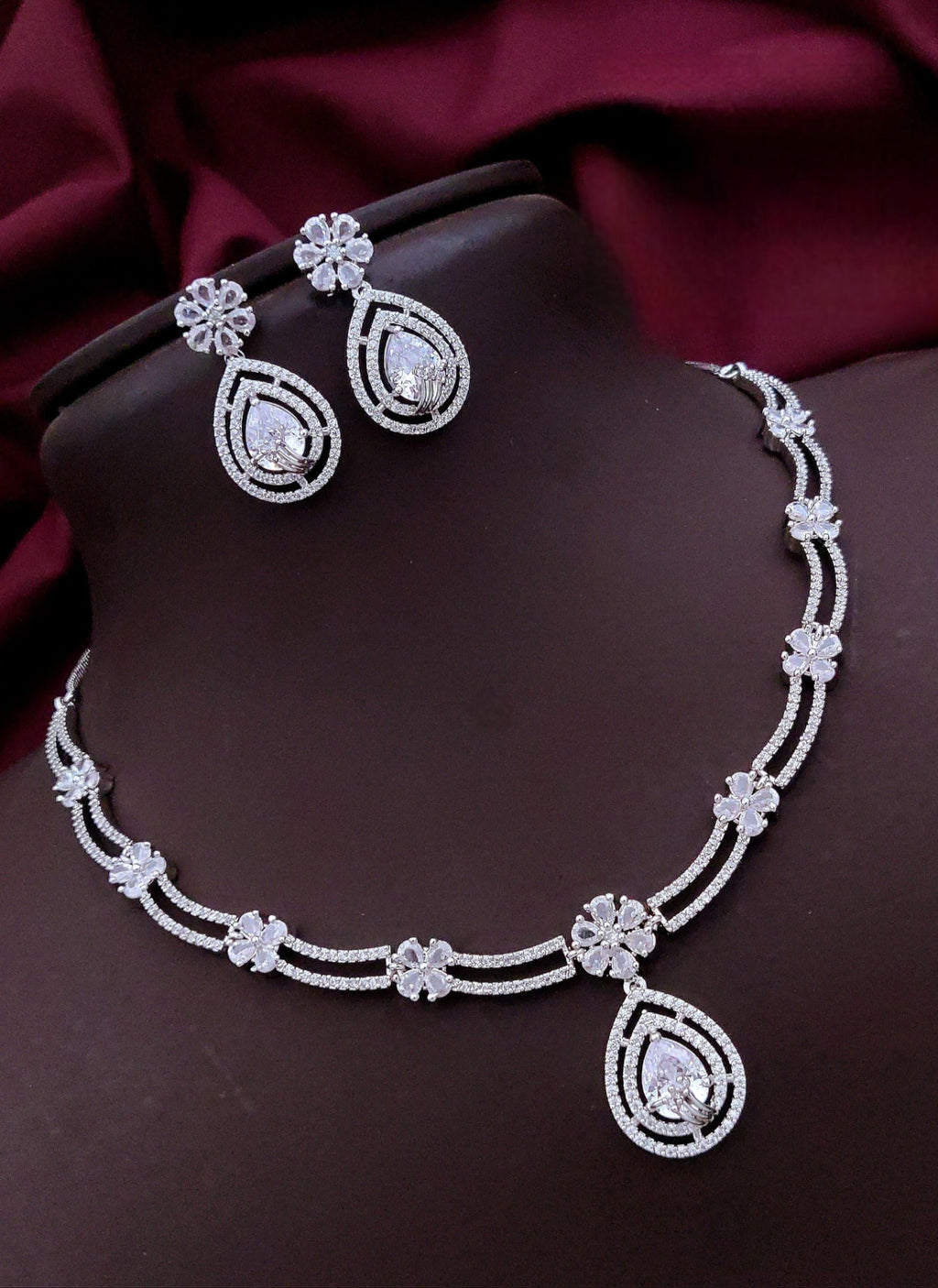 Silver-Plated Pink Stone Necklace with Matching Earrings | Indian Jewellery | Indian Neckles Set