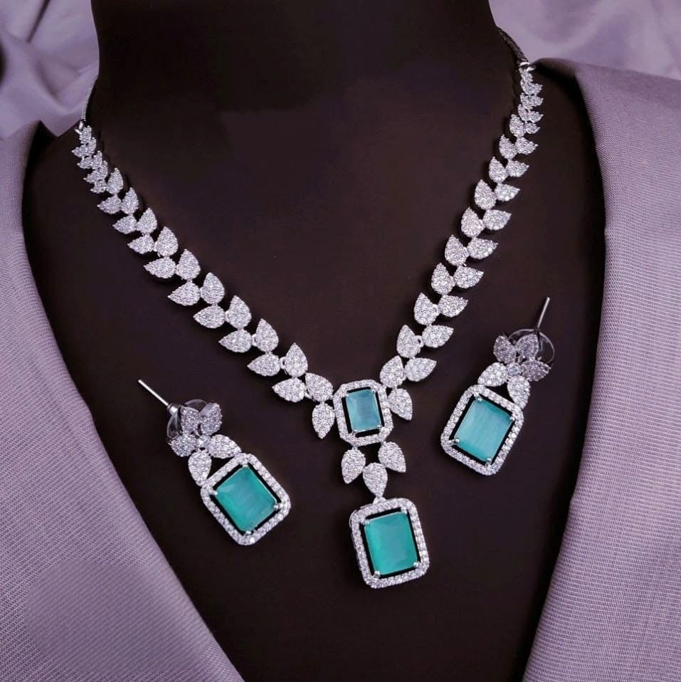 Silver-Plated Stone Necklace Set with Matching Earrings | Indian Jewellery | Stone Jewellery Indian Neckles Set