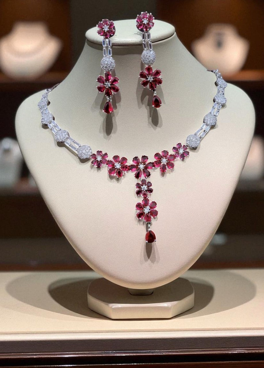 Silver-Plated Purple Stone Floral Necklace & Earrings Set | Indian Jewellery | Stone Jewellery Indian Neckles Set