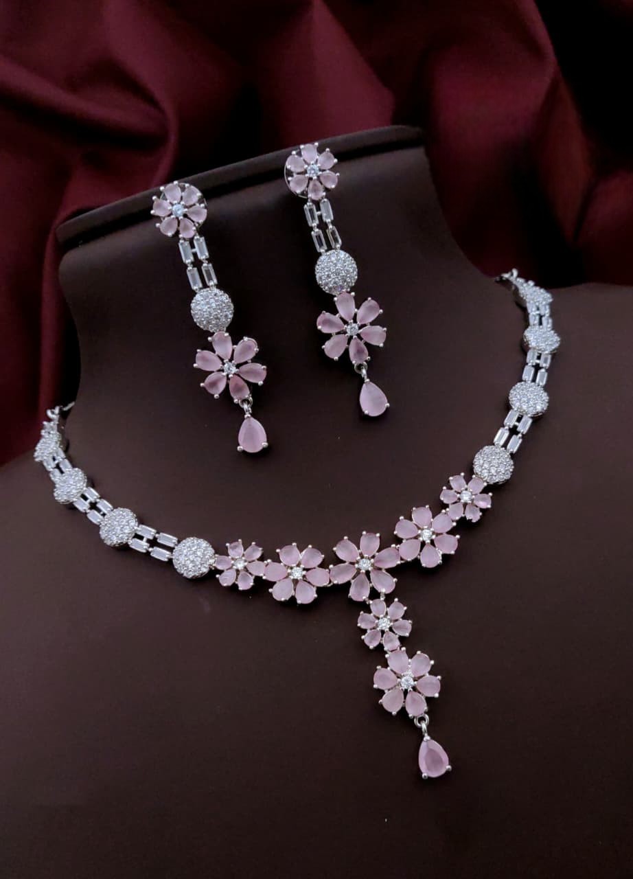 Silver-Plated Purple Stone Floral Necklace & Earrings Set | Indian Jewellery | Stone Jewellery Indian Neckles Set
