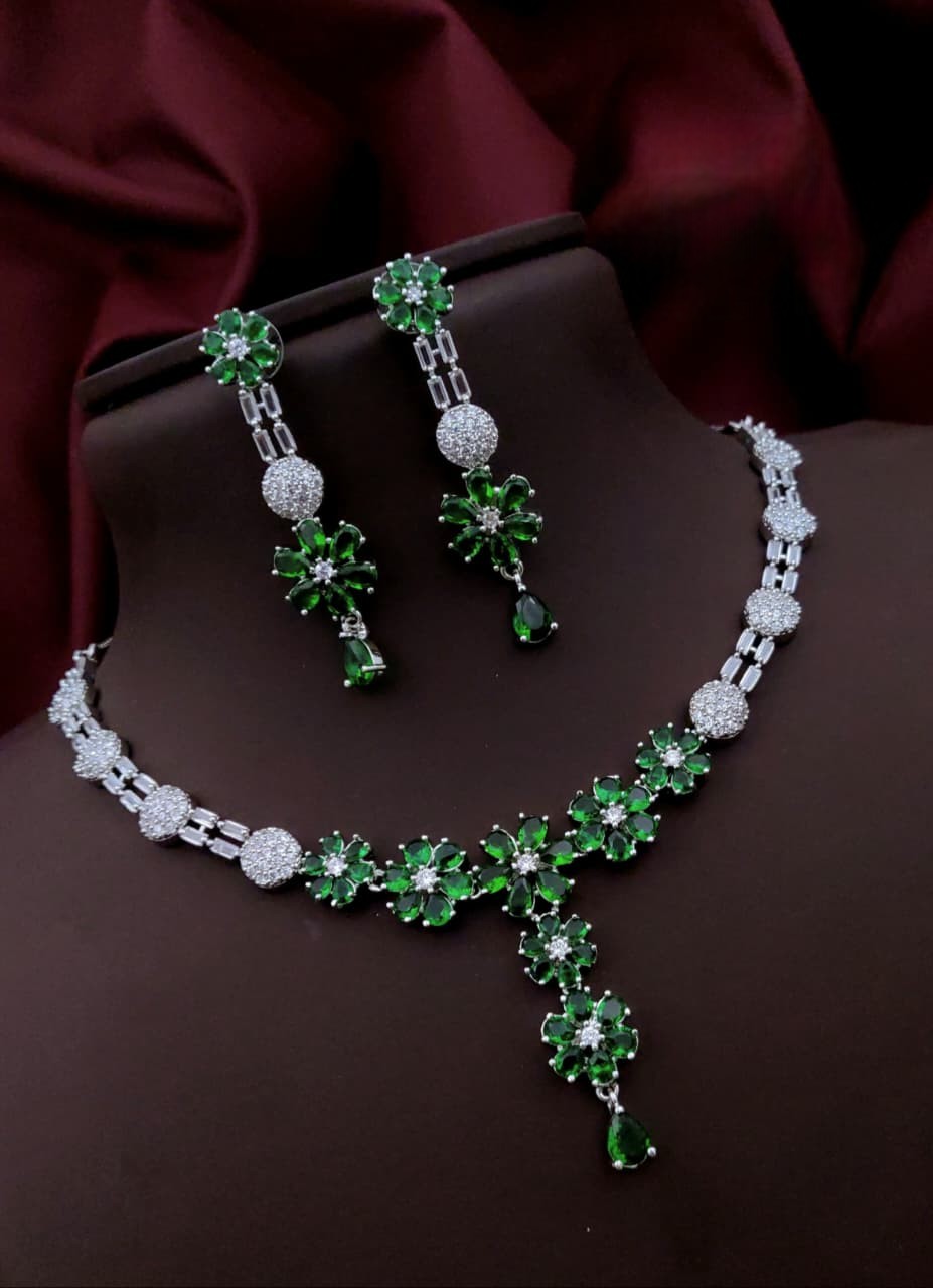 Silver-Plated Purple Stone Floral Necklace & Earrings Set | Indian Jewellery | Stone Jewellery Indian Neckles Set