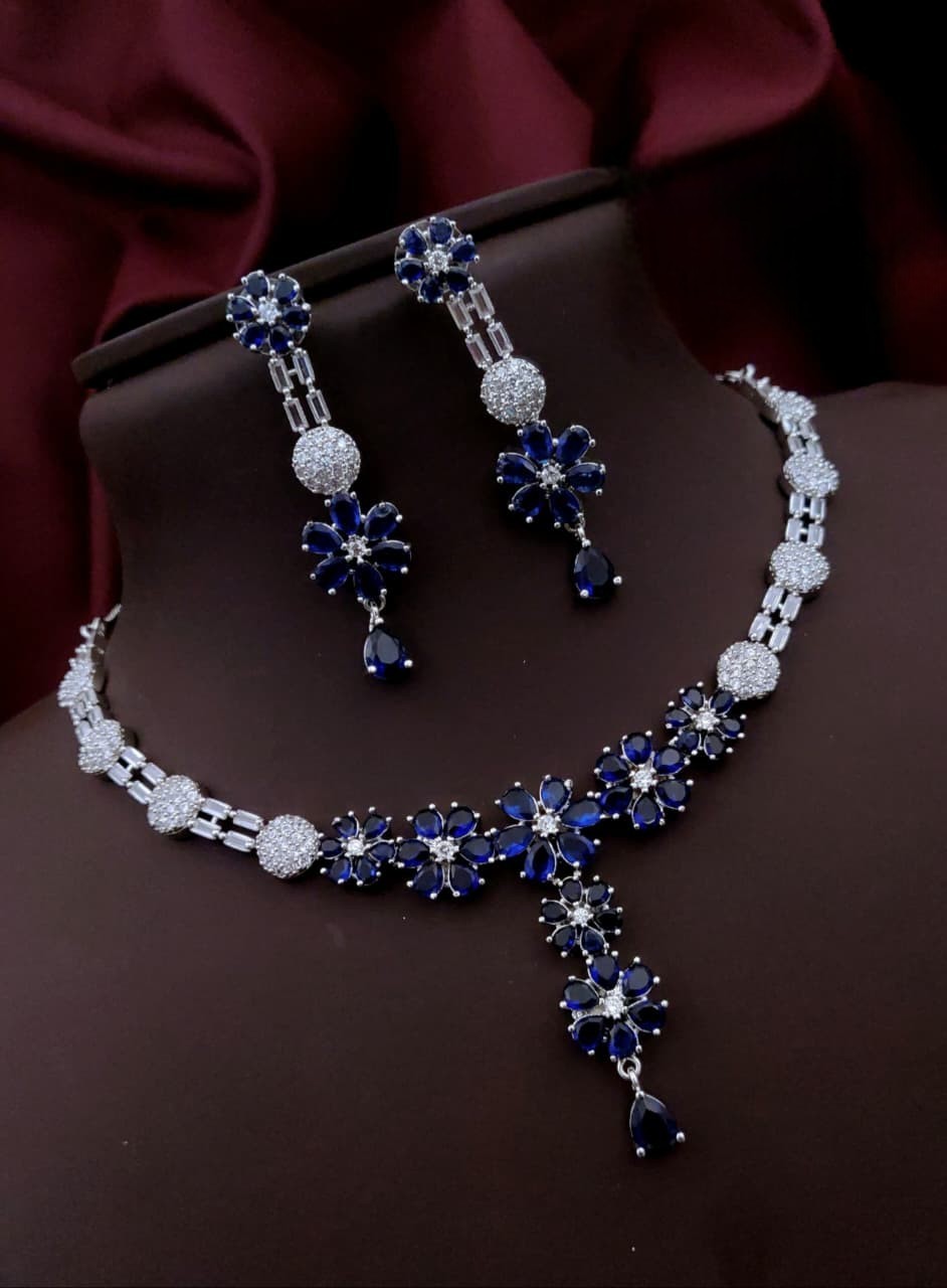 Silver-Plated Purple Stone Floral Necklace & Earrings Set | Indian Jewellery | Stone Jewellery Indian Neckles Set