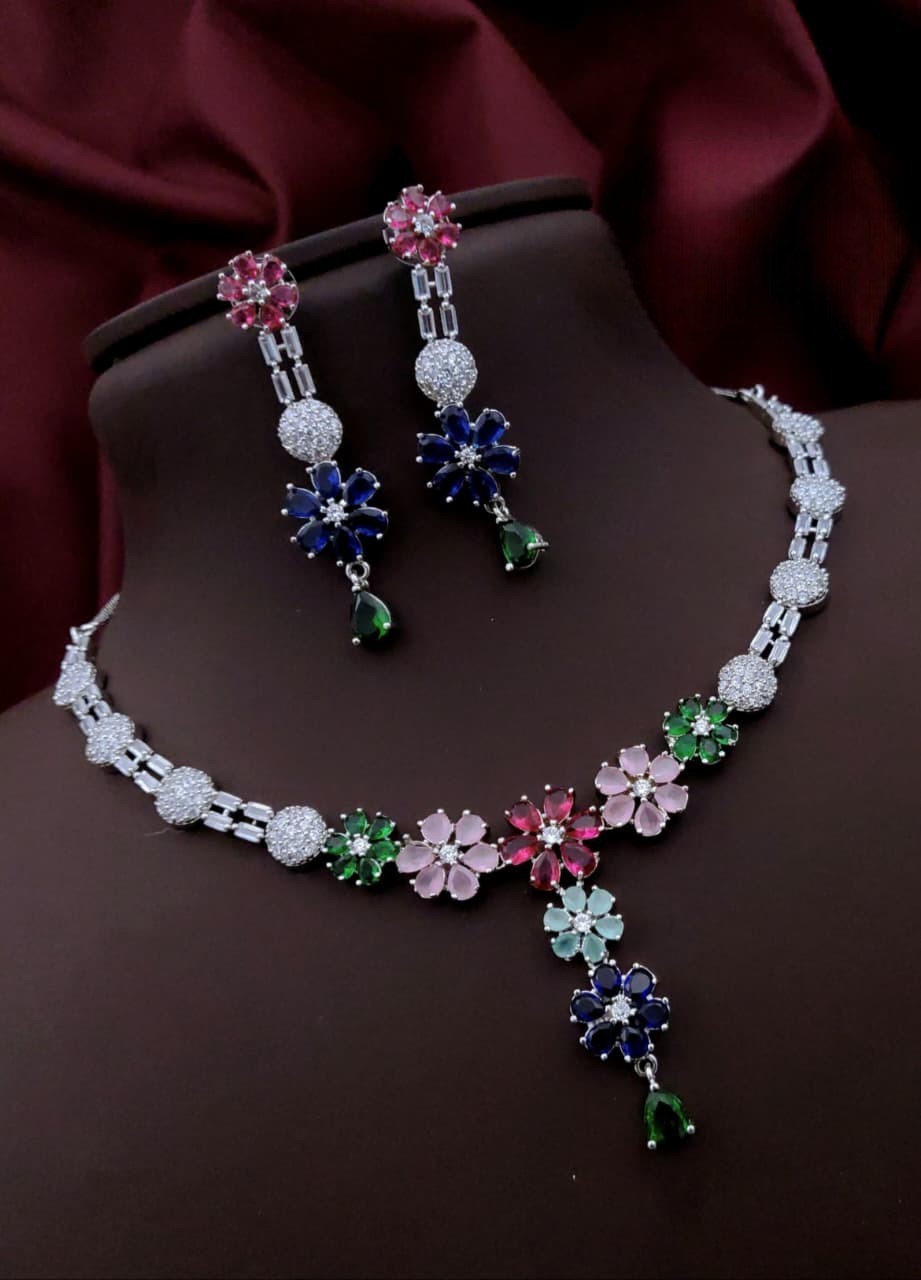 Silver-Plated Purple Stone Floral Necklace & Earrings Set | Indian Jewellery | Stone Jewellery Indian Neckles Set