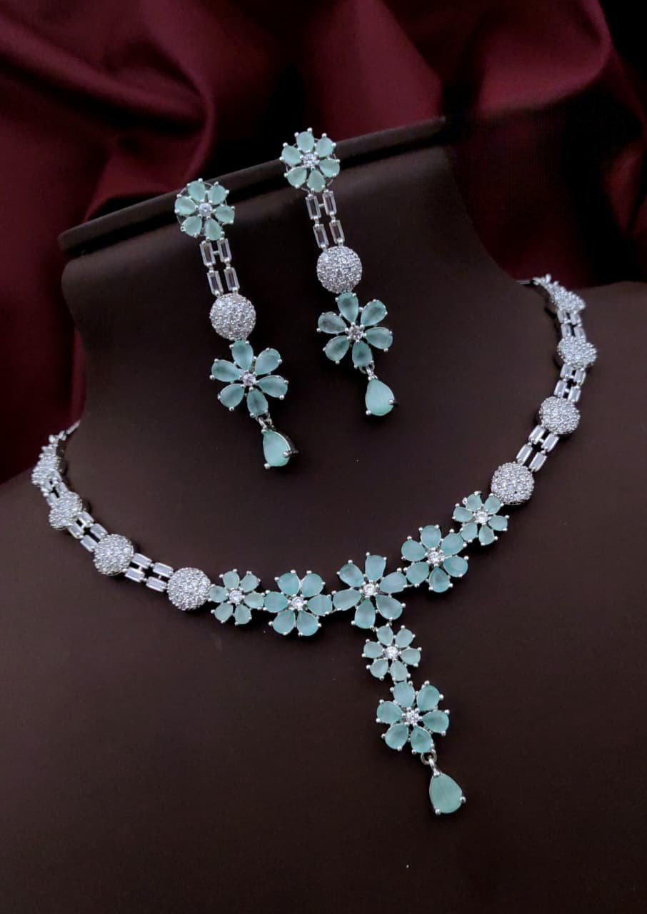 Silver-Plated Purple Stone Floral Necklace & Earrings Set | Indian Jewellery | Stone Jewellery Indian Neckles Set