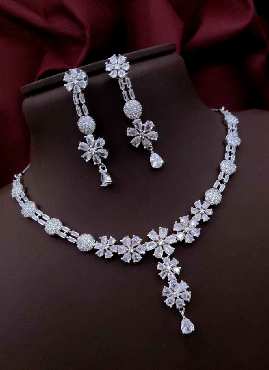 Silver-Plated Purple Stone Floral Necklace & Earrings Set | Indian Jewellery | Stone Jewellery Indian Neckles Set