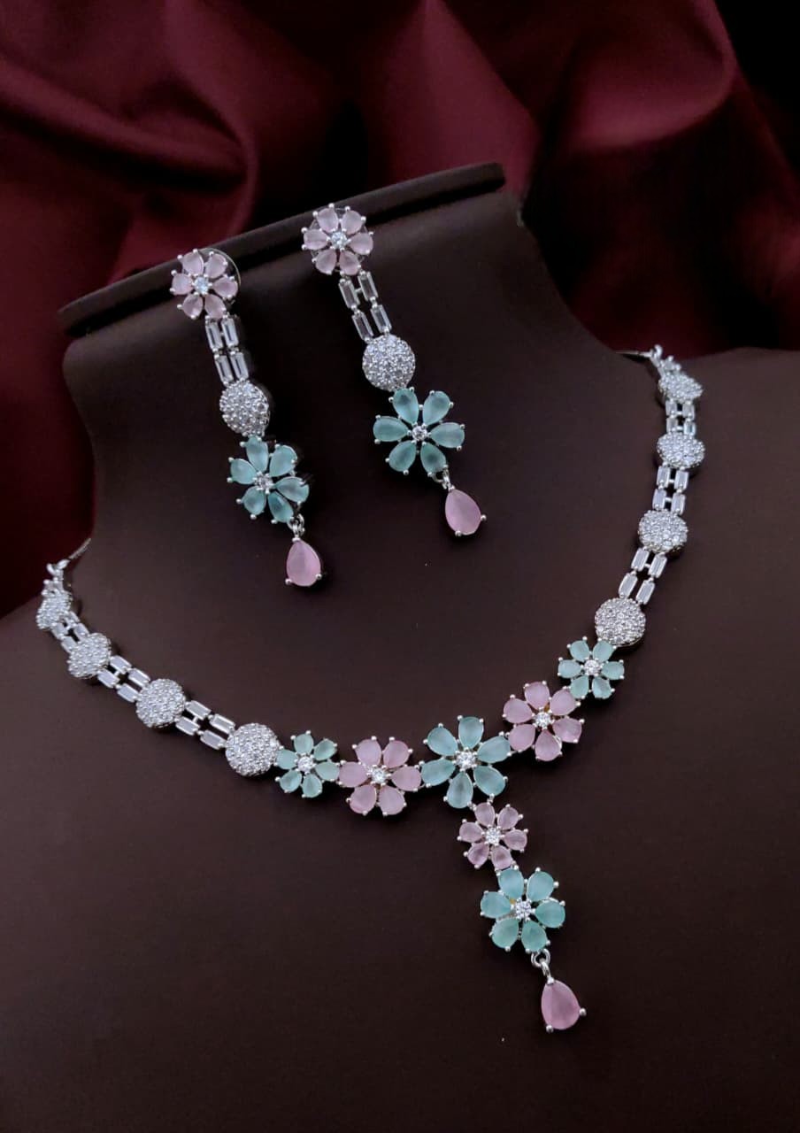 Silver-Plated Purple Stone Floral Necklace & Earrings Set | Indian Jewellery | Stone Jewellery Indian Neckles Set