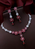Silver-Plated Purple Stone Floral Necklace & Earrings Set | Indian Jewellery | Stone Jewellery Indian Neckles Set