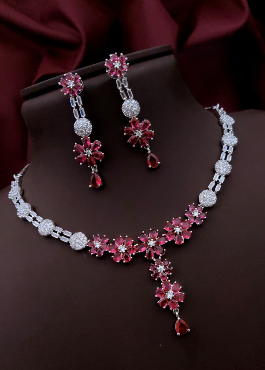 Silver-Plated Purple Stone Floral Necklace & Earrings Set | Indian Jewellery | Stone Jewellery Indian Neckles Set