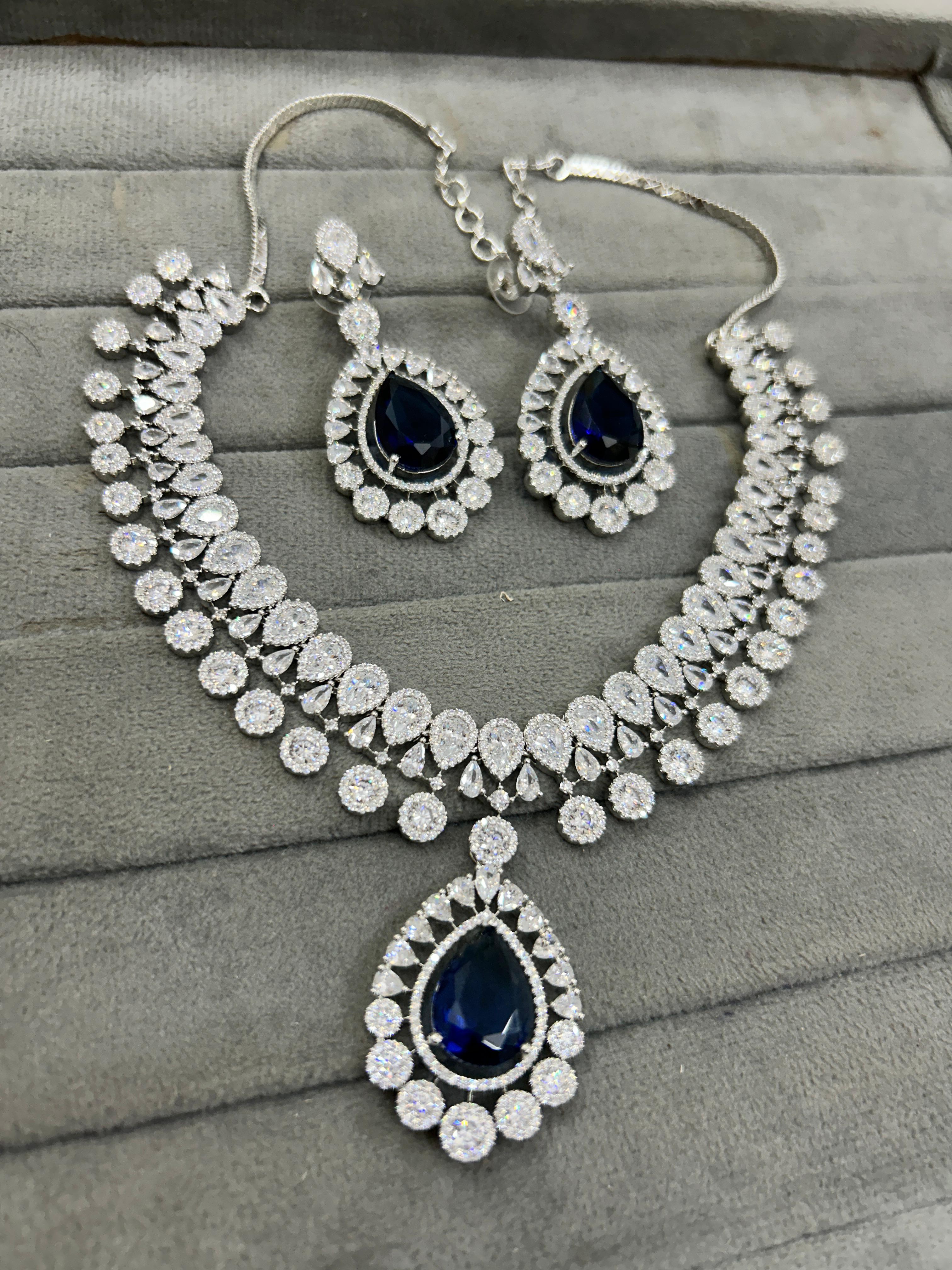 Luxury Teardrop CZ Diamond Choker Necklace Set with Earrings Silver-Toned Bridal Jewelry