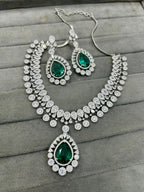 Luxury Teardrop CZ Diamond Choker Necklace Set with Earrings Silver-Toned Bridal Jewelry