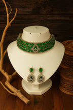 Radiant Crystal Bridal Choker Necklace with Matching Earrings | Indian Jewellery | Antique Gold Finish Indian Neckles Set