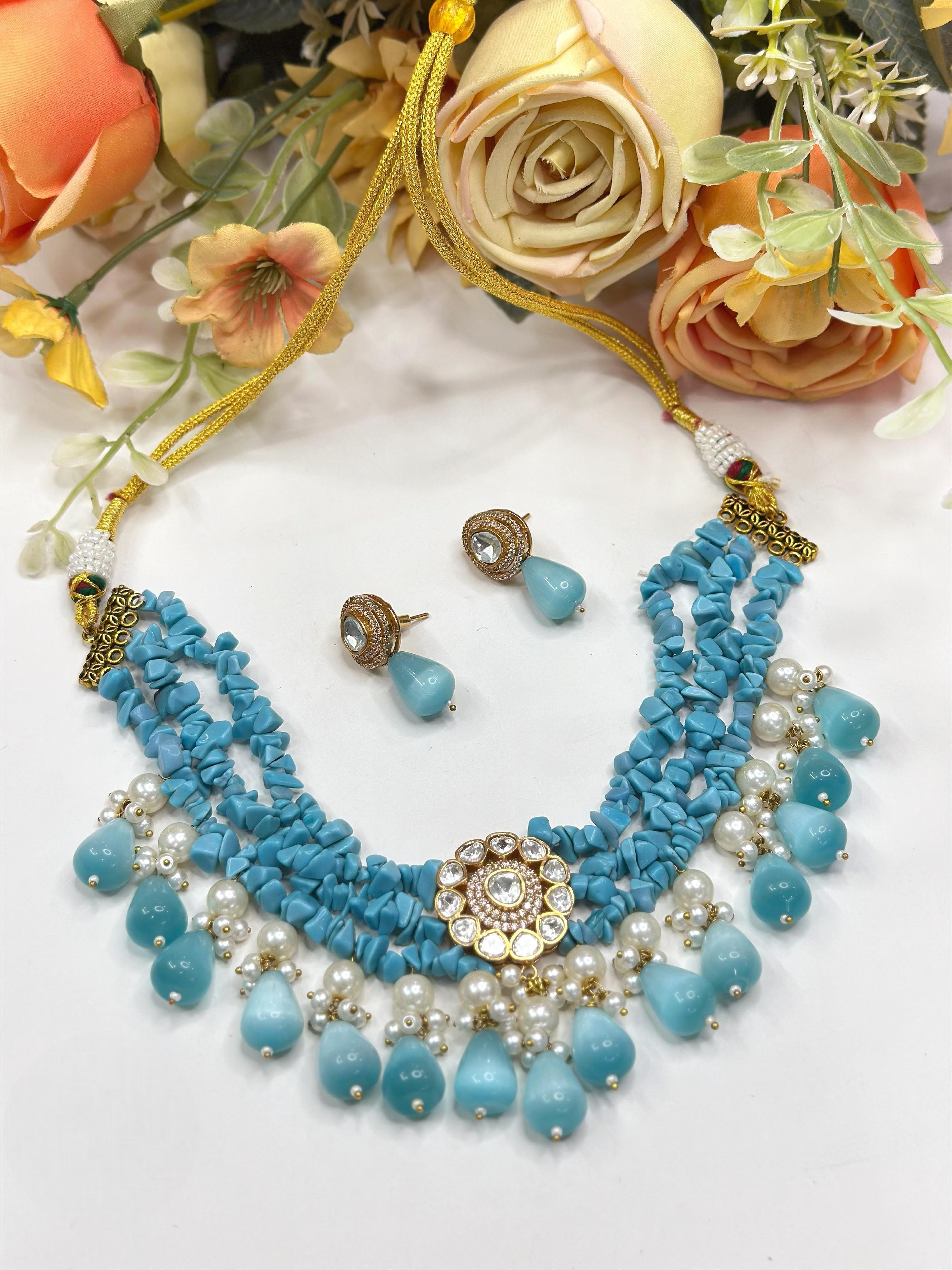 Handcrafted Coral Beaded Choker Necklace Set with Matching Earrings | Indian Jewellery | Pearls & Kundan Jewellery Indian Neckles Set